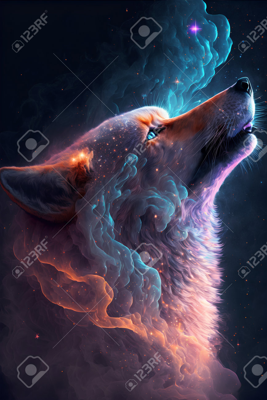 煙のある暗い空間にいるオオカミのファンタジーイラスト。 無料画像