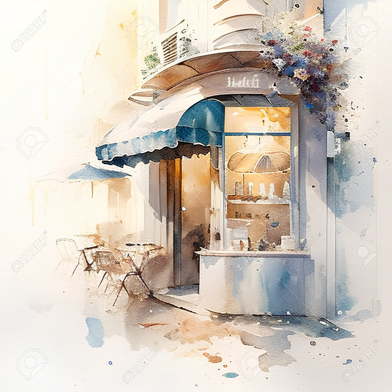 フランス、パリの路上にあるカフェの水彩イラスト。 無料画像＆写真