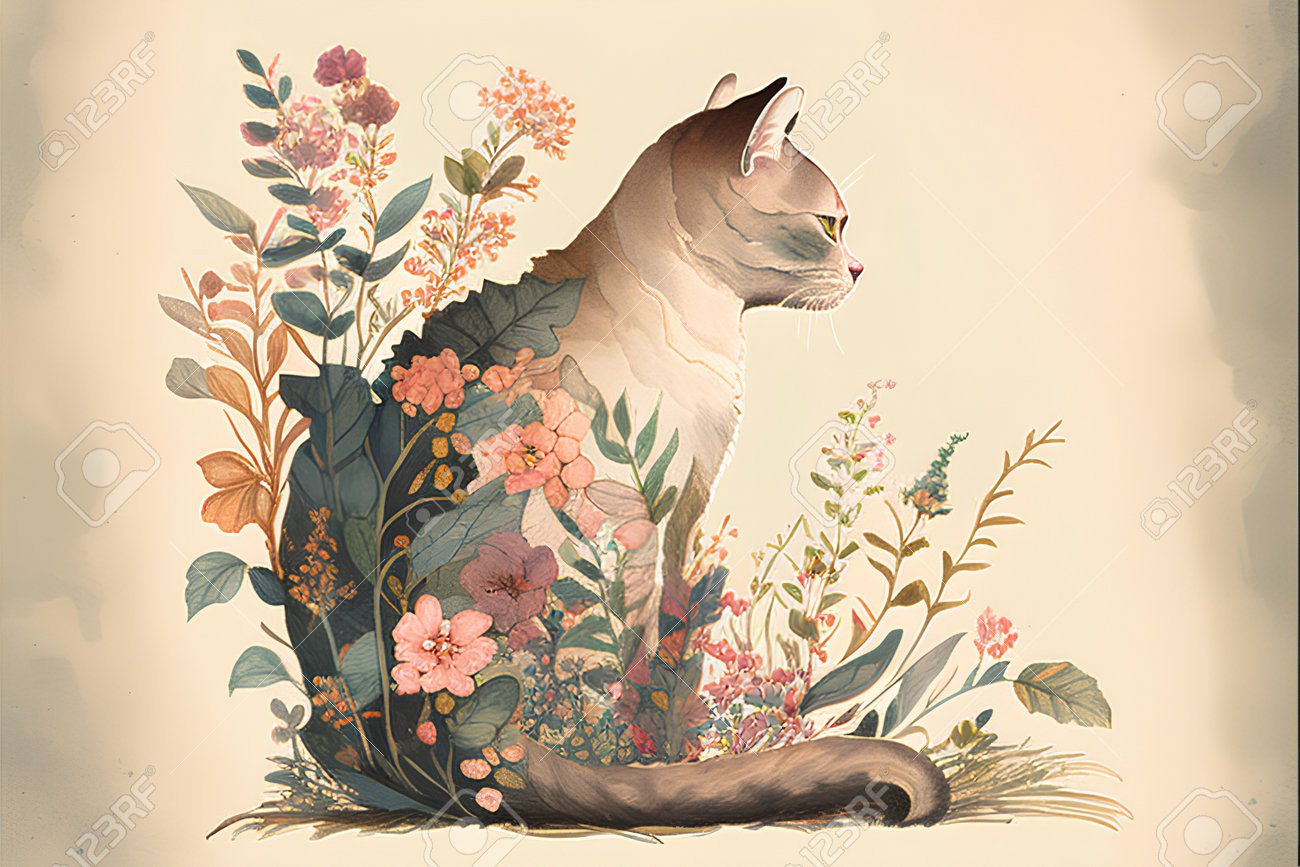 花と植物を持つ猫の手描きの水彩イラスト。 無料画像＆写真 197934439