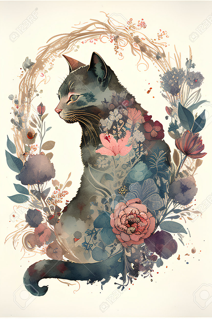 黒猫と花静物画原画ミニ絵画手描きオリジナル