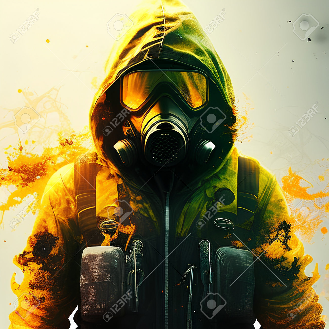 抽象的な背景にガスマスクと呼吸用保護具の男性。3Dイラスト 無料画像＆写真 197936045