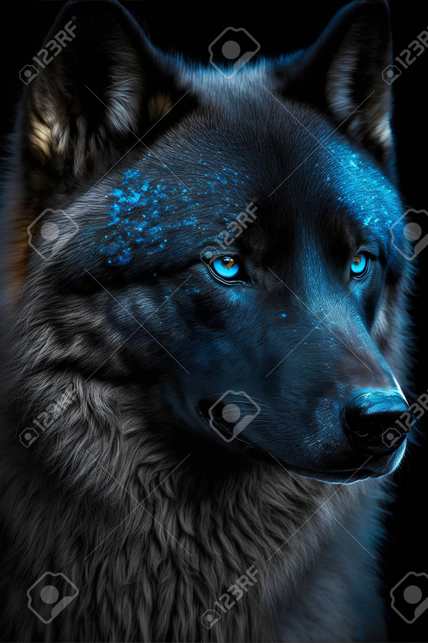 Black Wolf With Blue Eyes On A Black Background. 3d Rendering Free Image  and Photograph 197936893., image size:867x1300