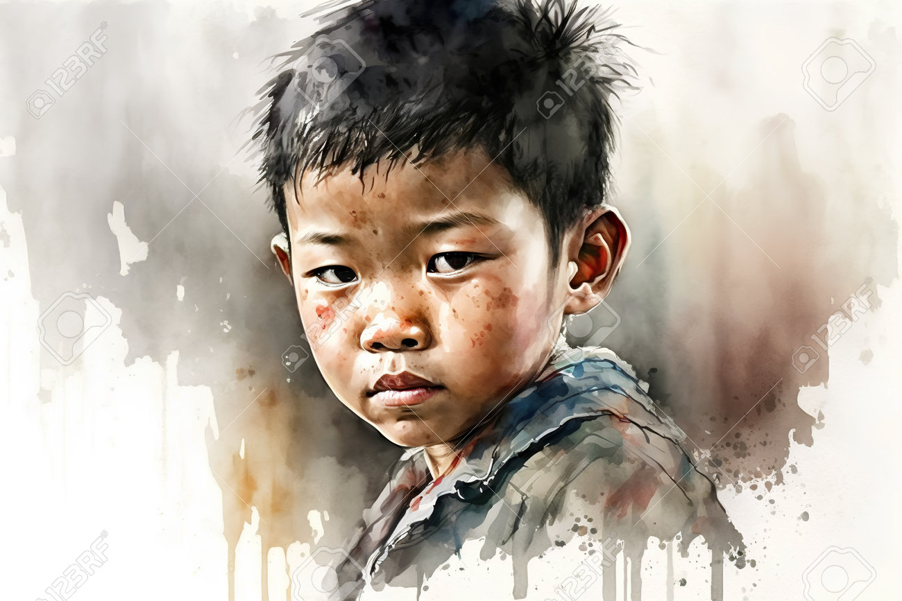 水彩イラスト画の背景に汚れた顔を持つアジアの若い少年。 無料画像