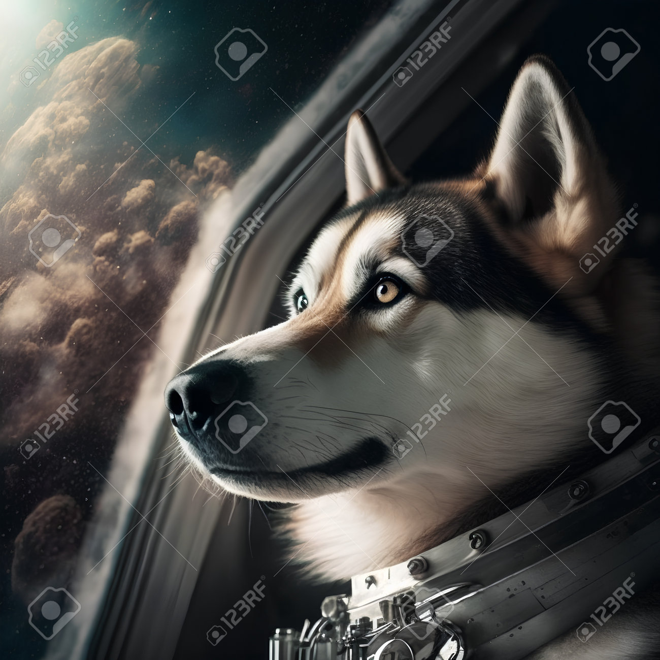 Siberian Husky Dog In Astronaut Helmet Looking Out The Window Free Image  and Photograph 198364551., image size:1300x1300