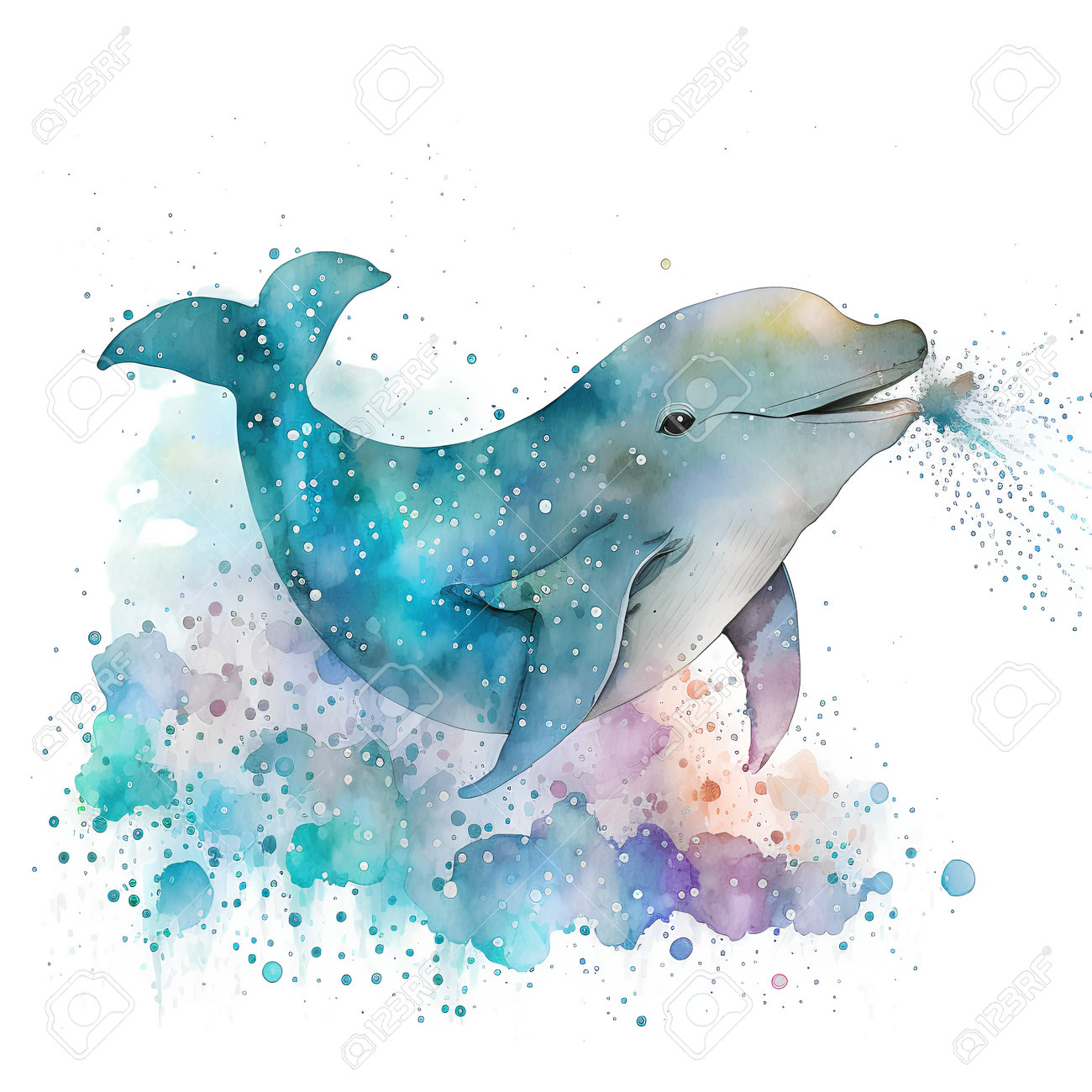 手描き原画(208)虹色イルカ A4サイズ