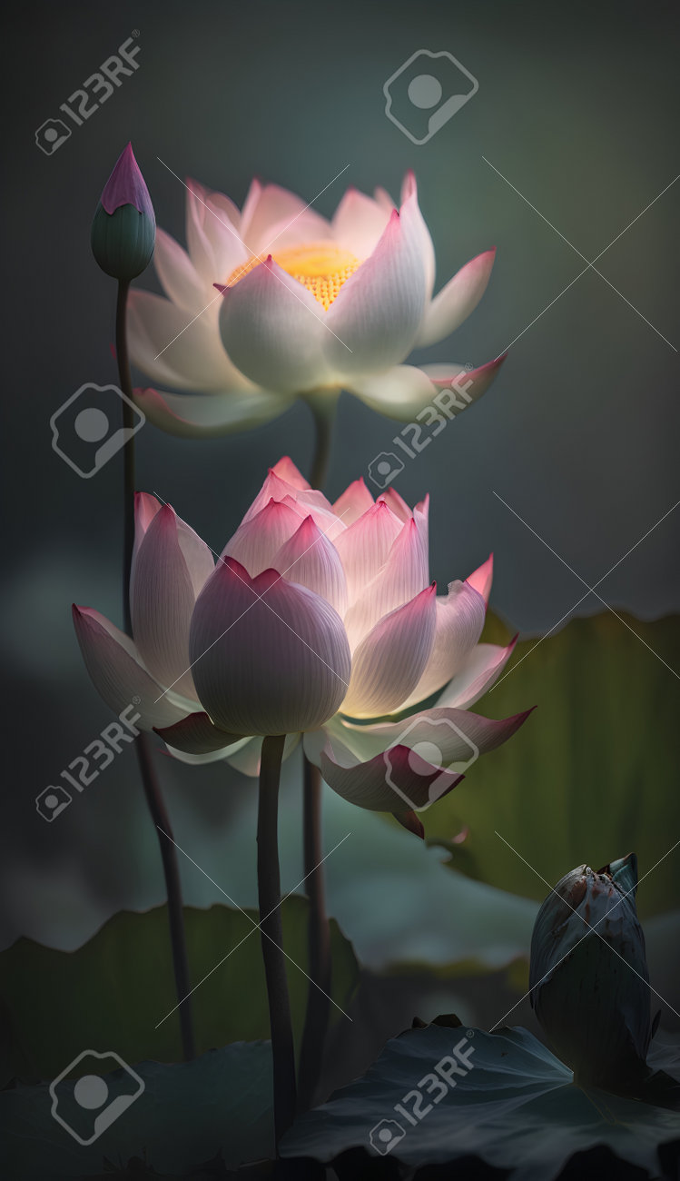 Lotus Flower Blooming In The Pond At Sunset. Nature Background