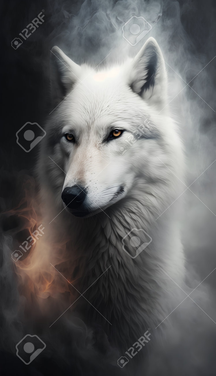 Portrait Of A Beautiful White Wolf With Smoke In The Background. Бесплатное  Изображение и фотография 198616041.