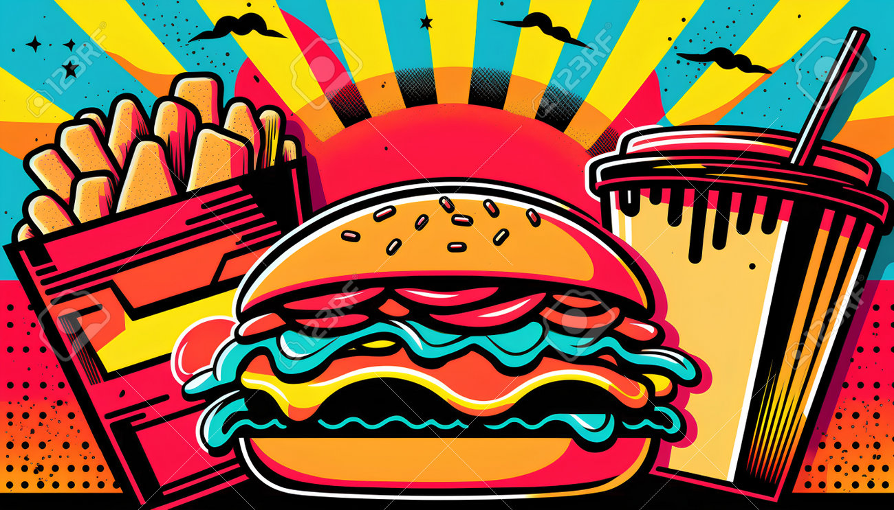 Hamburger And Fries. Fast Food. Vector Illustration In Pop Art Style. Free  Image and Photograph 198650396., image size:1300x743