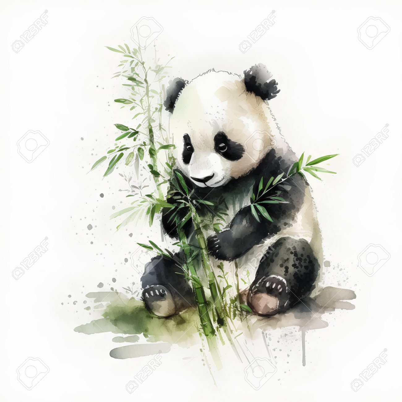 中国 水墨画 パンダ 手描き かわいいパンダと竹の水彩イラスト、手描き