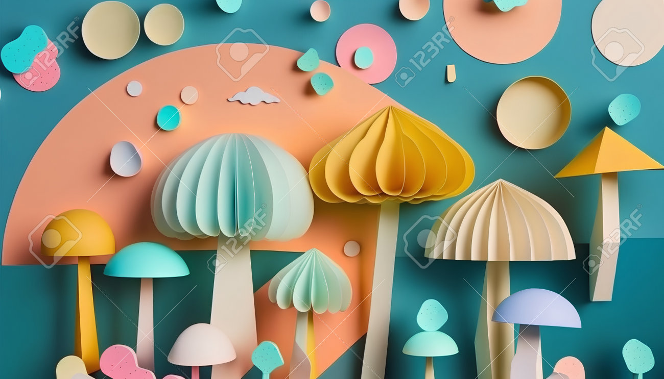 カラフルな背景に紙切りキノコ。3Dイラスト。ペーパークラフトスタイル