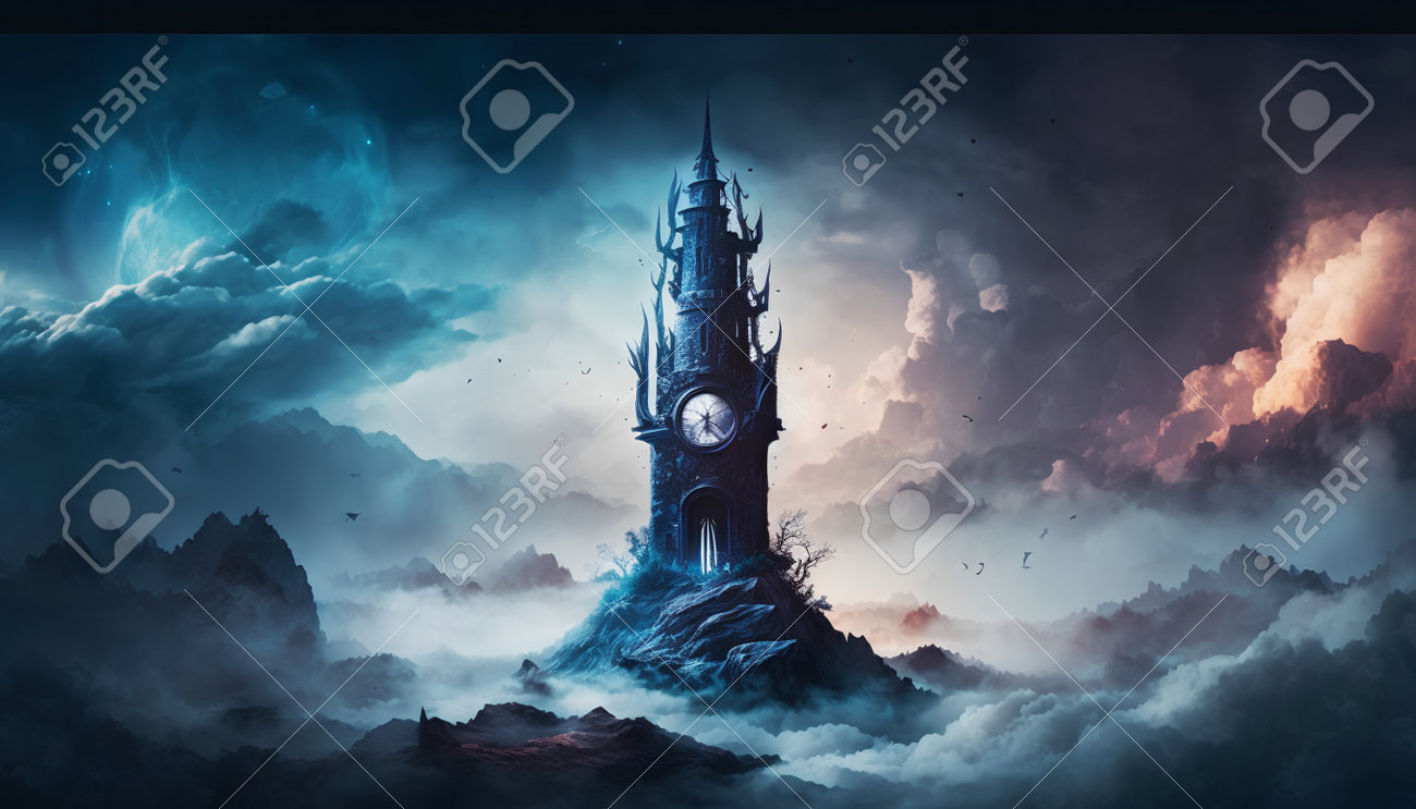 雲の中に巨大な時計塔を持つファンタジーの風景、3Dイラスト 無料画像
