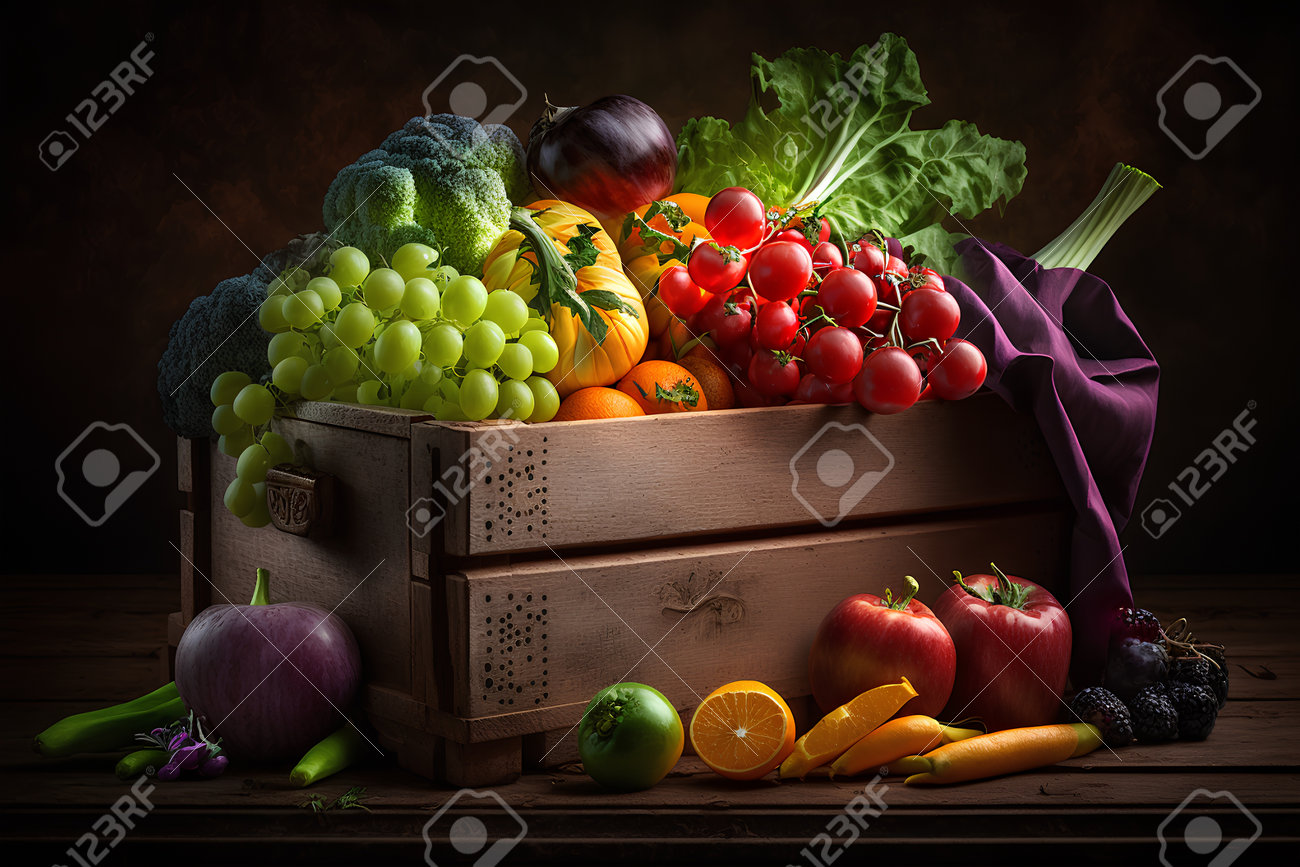 Fresh Fruits And Vegetables In A Wooden Box On A Dark Background. Free  Image and Photograph 199035118., image size:1300x867
