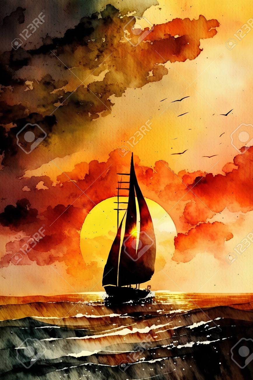 夕暮れ時の海の帆船、紙に水彩画 無料画像＆写真 199037000