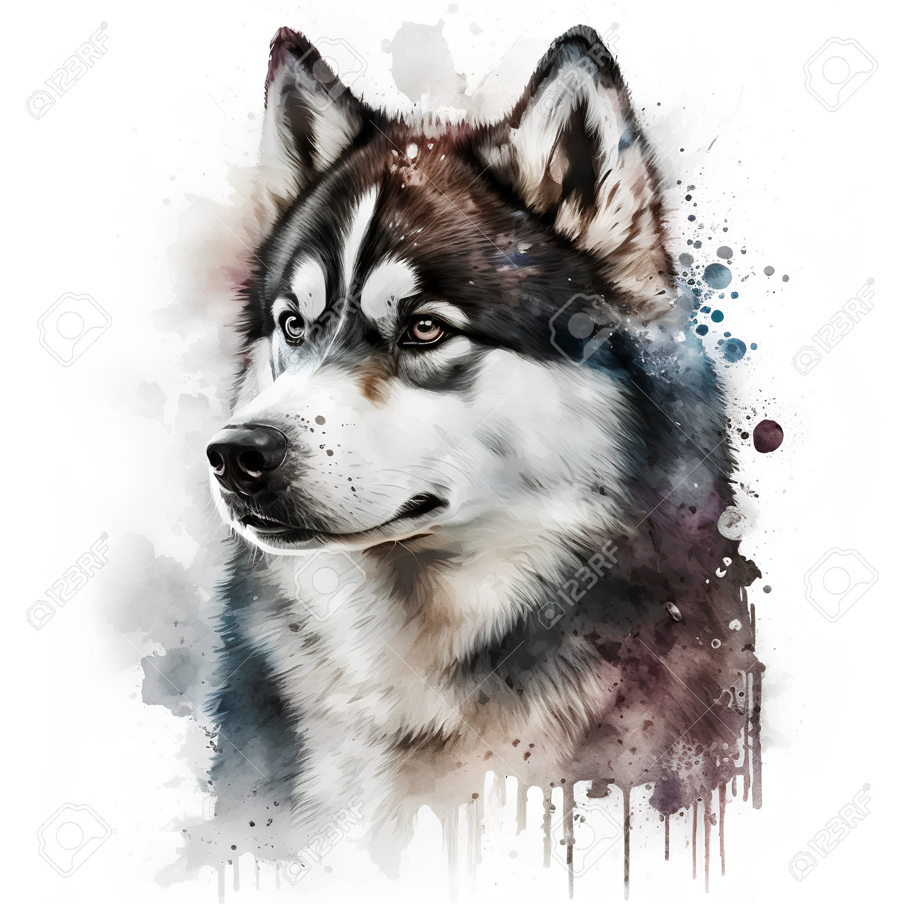 絵画・イラスト・ハスキー犬・水彩画・原画・手塗りグレーフレーム