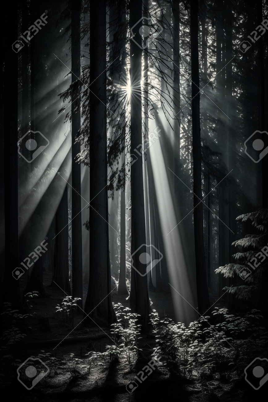 Black And White Fantasy Forest With Rays Of Light Coming Through The Trees  Free Image and Photograph 199492101., image size:867x1300
