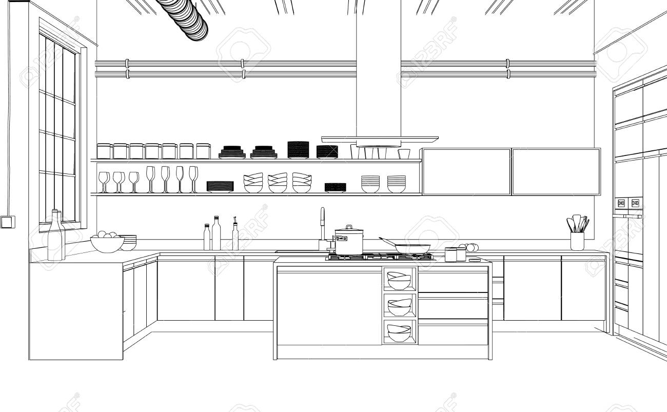 Diseno De Cocina Moderna Dibujo Plan De Dibujo Ilustracion 3d