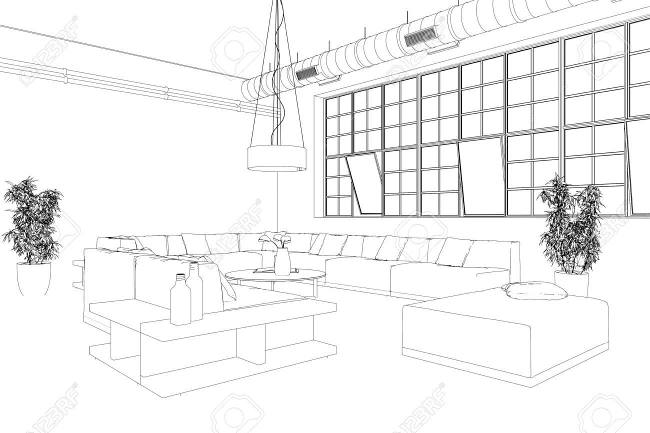 Interior Design Modern Loft Drawing 3d Illustration Stock Photo