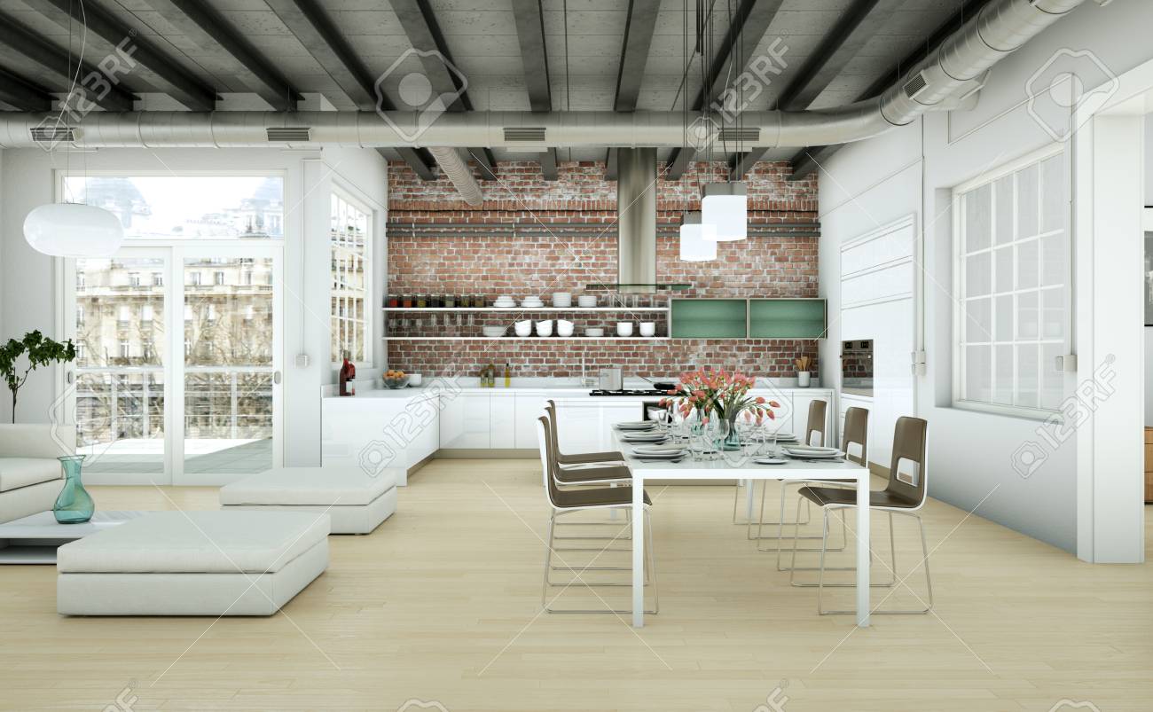 Modern Minimalist Living Room Interior In Loft Design Style With Sofas 3d Rendering