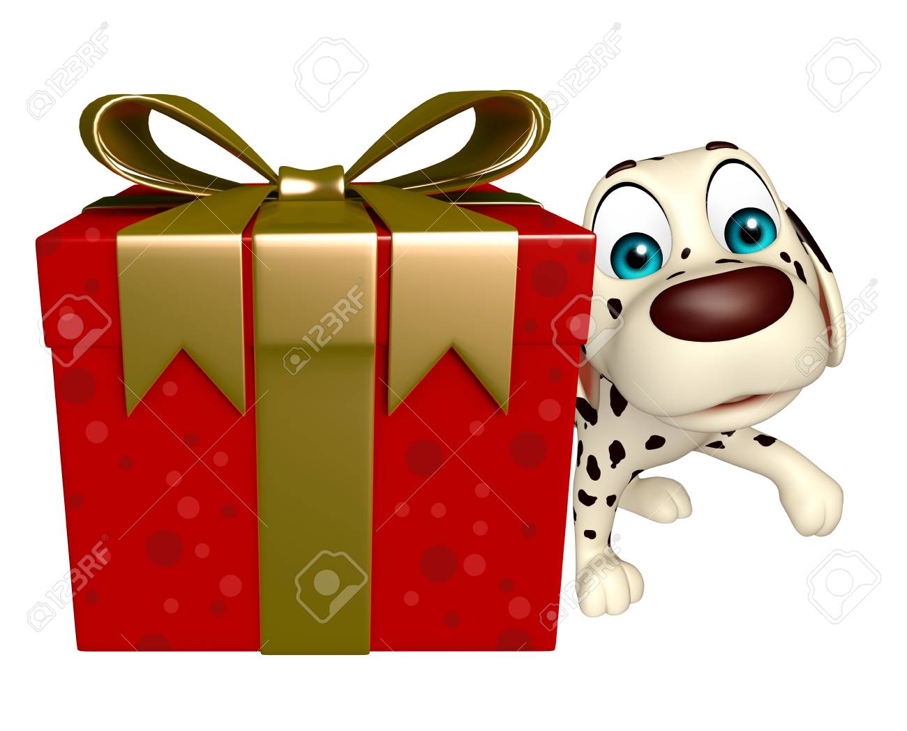 ギフト ボックスの犬アニメ キャラクターの 3 D レンダリングされたイラストレーション の写真素材 画像素材 Image