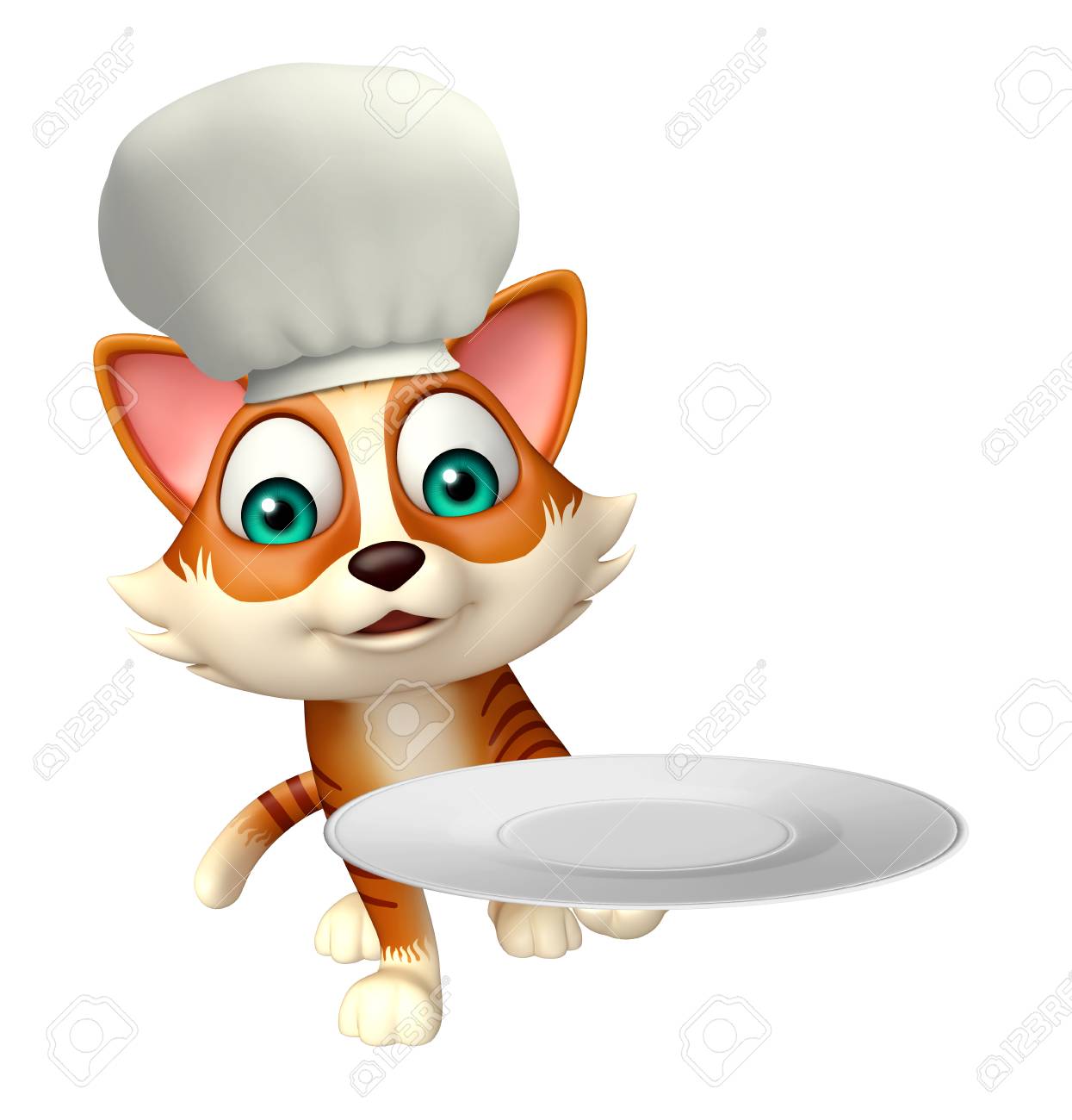Illustration Rendue 3d De Personnage De Dessin Animé De Chat Avec Un Chapeau De Chef Et Une Assiette De Dîner