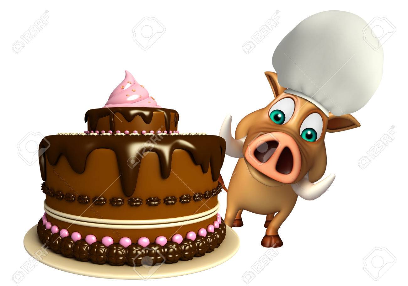 ケーキとイノシシの漫画のキャラクターの 3 D レンダリングされたイラストレーション の写真素材 画像素材 Image