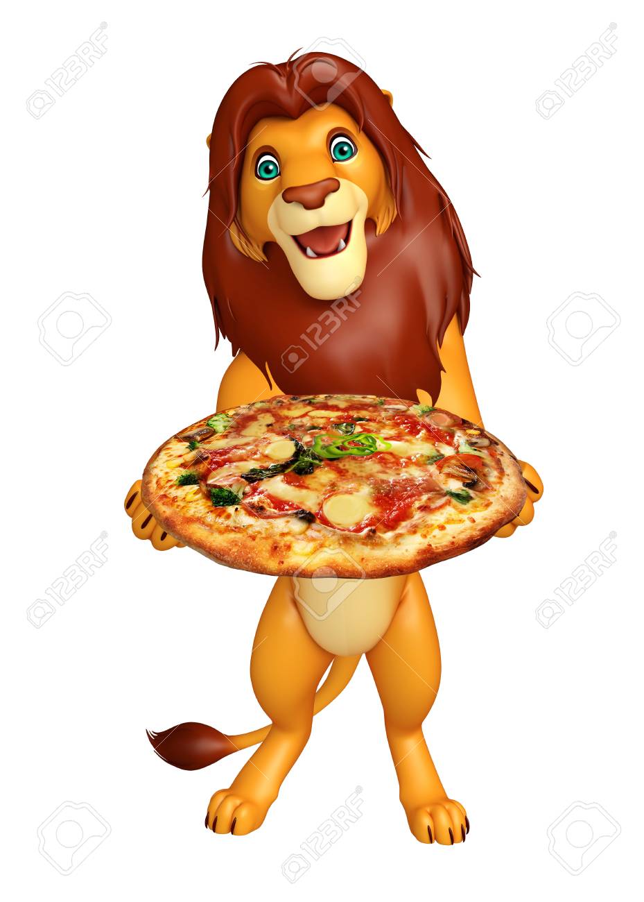 Lion Cartoon Character With Pizza Stock 