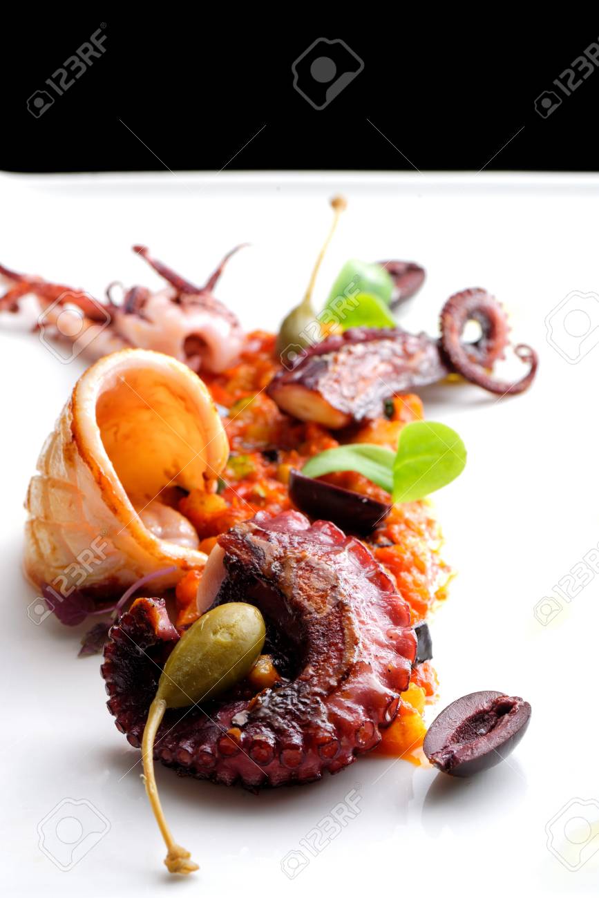 Fine Dining Seafood Appetizer On A Restaurant Table Stock Photo, Picture  and Royalty Free Image. Image 45616231.