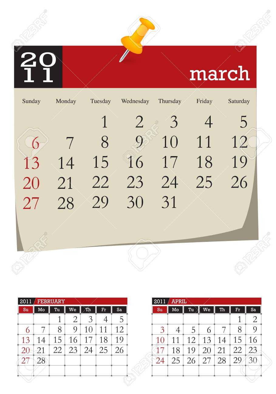 3 ヵ月デスク カレンダー 11 年 3 月します 週の開始日 のイラスト素材 ベクタ Image