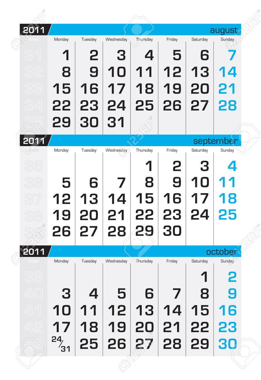 Three-month Calendar,september 2011. Week Starts Monday Royalty Free SVG,  Cliparts, Vectors, and Stock Illustration. Image 8138949.