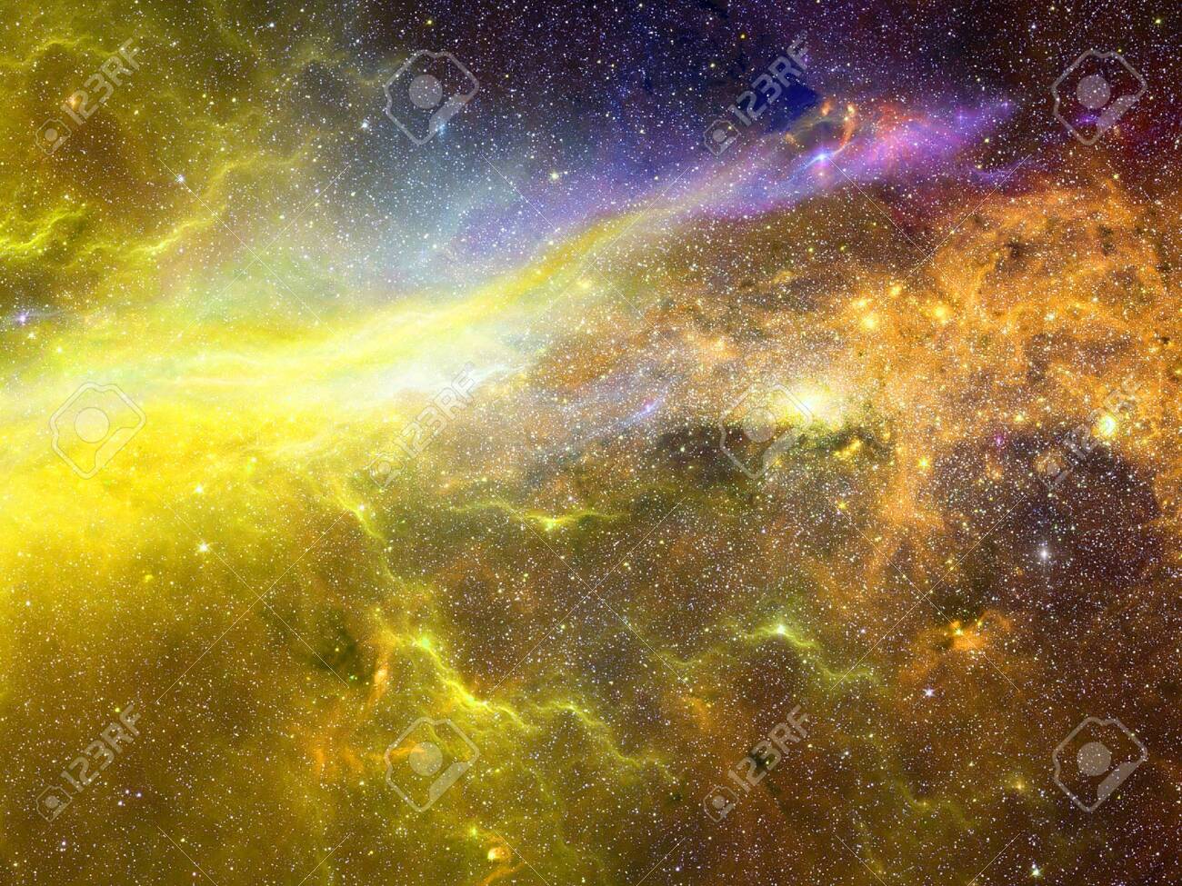 Infinite Beautiful Cosmos Dark Blue And Yellow Background With Nebula,  Cluster Of Stars In Outer Space. Beauty Of Endless Universe Filled  Stars.Cosmic Art, Science Fiction Wallpaper Фотография, картинки,  изображения и сток-фотография без