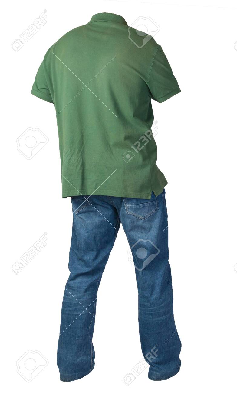 dark green shirt and blue jeans