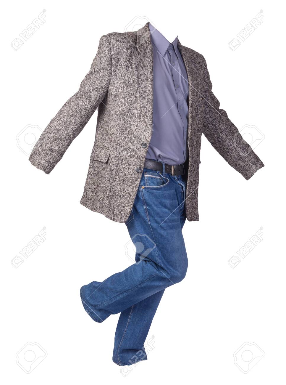 gray jacket blue jeans