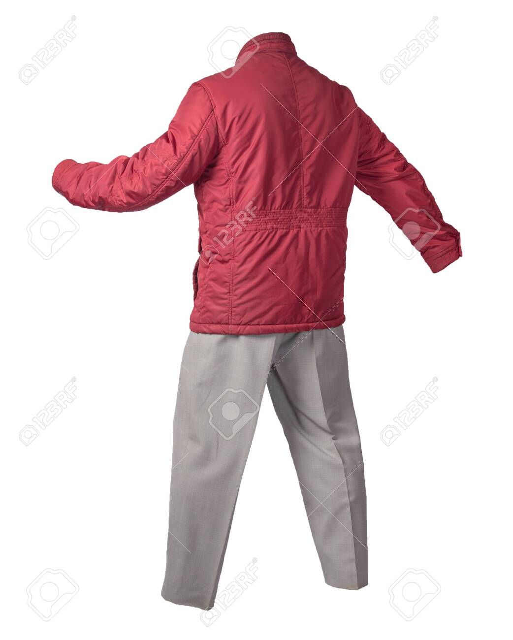 red jacket grey pants