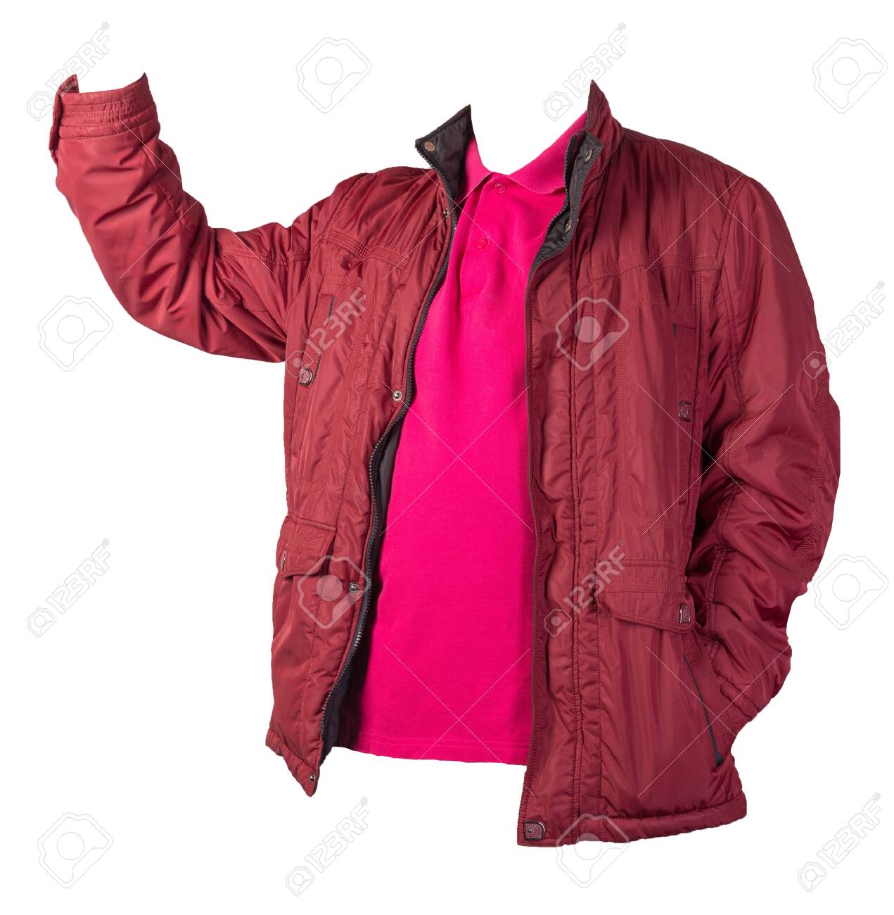 red jacket with white t shirt