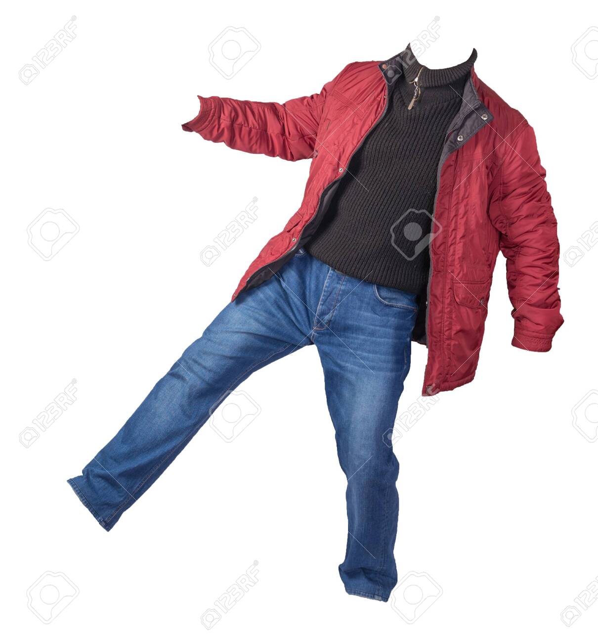 red jacket with blue jeans