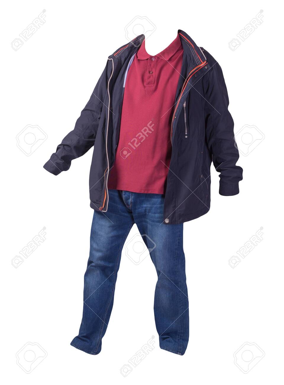 red shirt with dark blue jeans