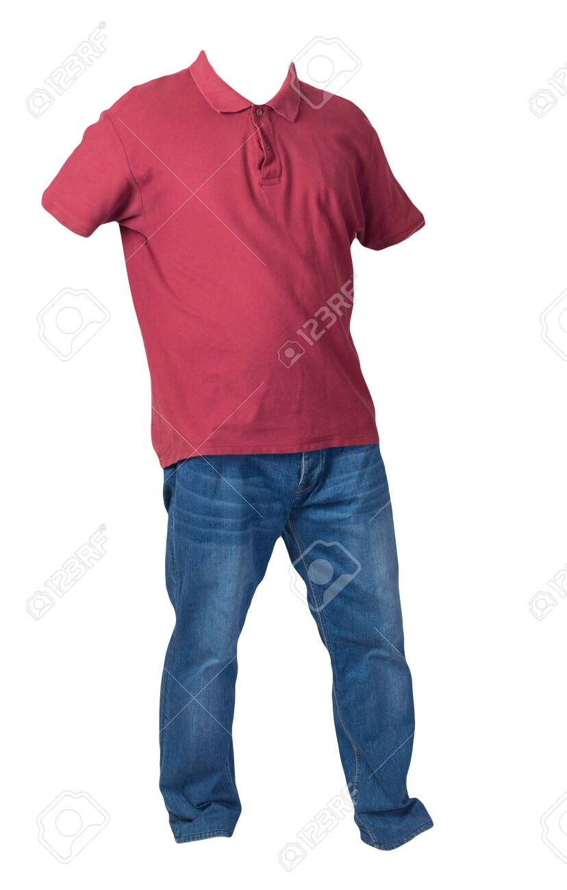 maroon t shirt with blue jeans