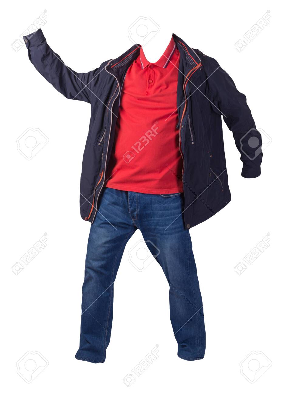 red shirt with dark blue jeans