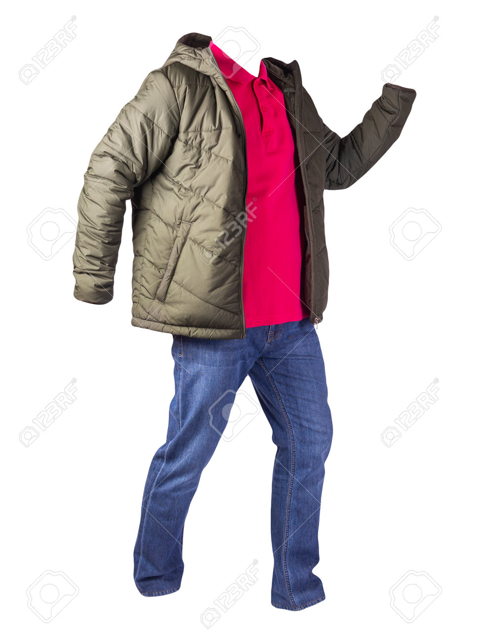 green jacket with zipper, red shirt and blue jeans isolated on white background. casual fashion clothes - 160401212 green jacket with zipper, red shirt and blue jeans isolated on white background. casual fashion clothes - 160401212