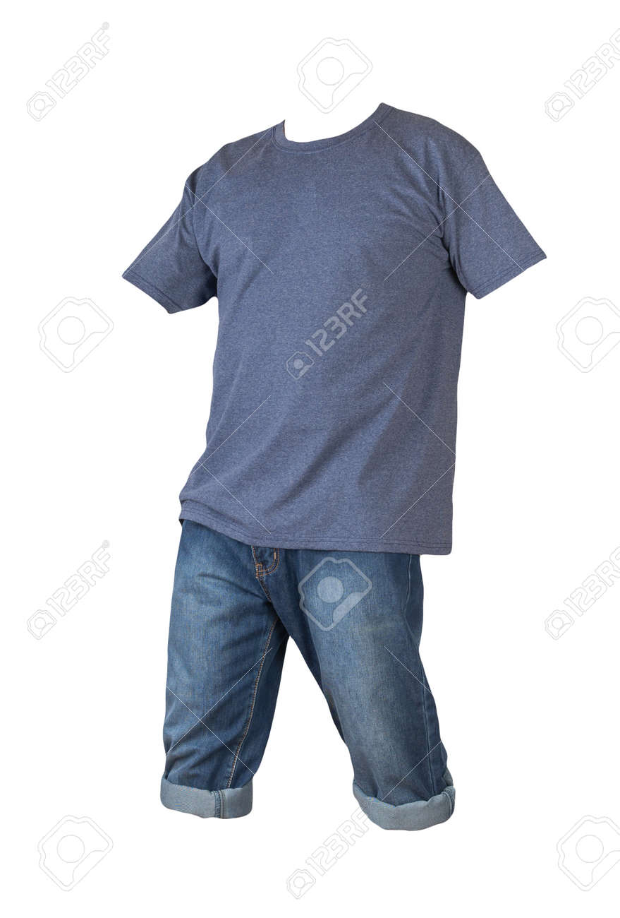 denim dark blue shorts and denimt-shirt isolated on white background. men's jeans orders - 172073792 denim dark blue shorts and denimt-shirt isolated on white background. men's jeans orders - 172073792