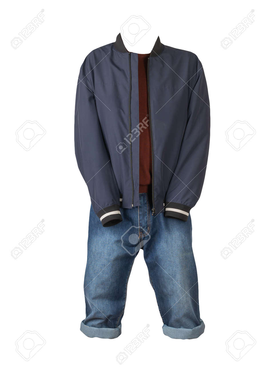 Denim blue shorts, dark red sweater and dark blue jacket on the zipper isolated on white background - 172078672 Denim blue shorts, dark red sweater and dark blue jacket on the zipper isolated on white background - 172078672