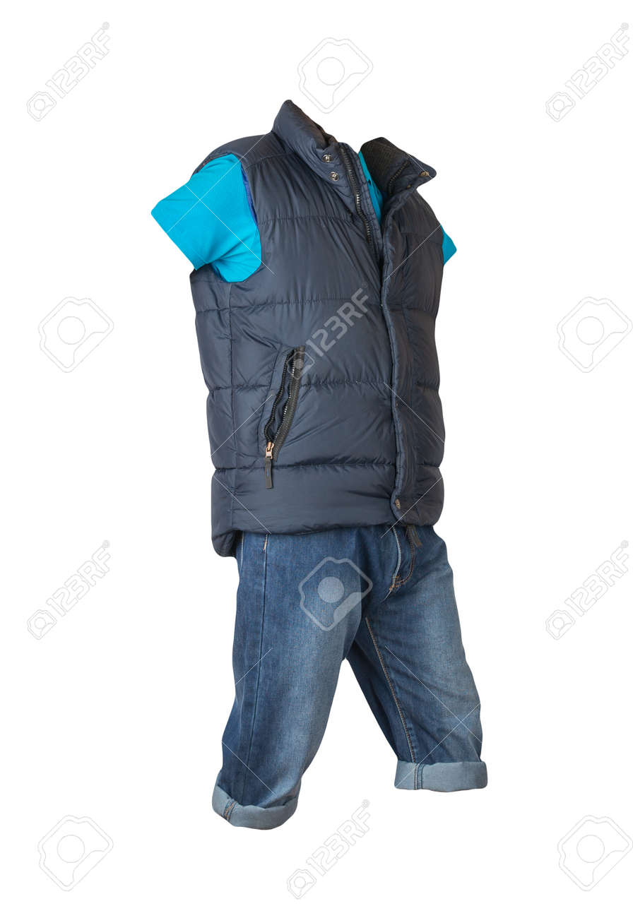 denim dark blue shorts, blue t-shirt with collar on buttons and dark blue sleeveless jacket isolated on white background - 172079130 denim dark blue shorts, blue t-shirt with collar on buttons and dark blue sleeveless jacket isolated on white background - 172079130