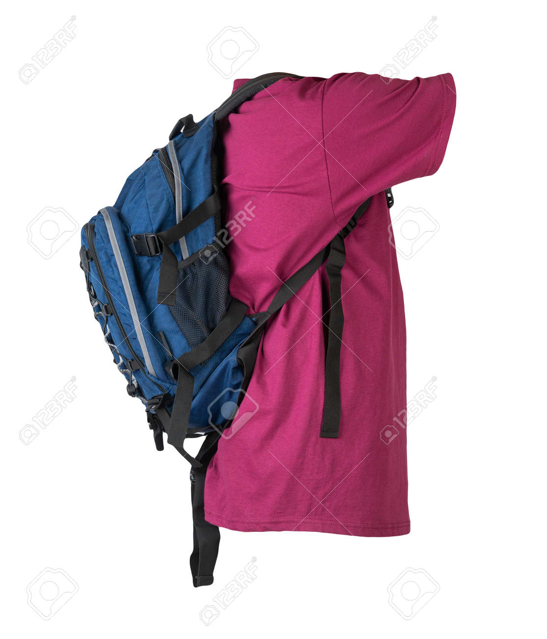 dark blue backpack dressed for burgundy t-shirt isolated on a white background. - 172073900 dark blue backpack dressed for burgundy t-shirt isolated on a white background. - 172073900