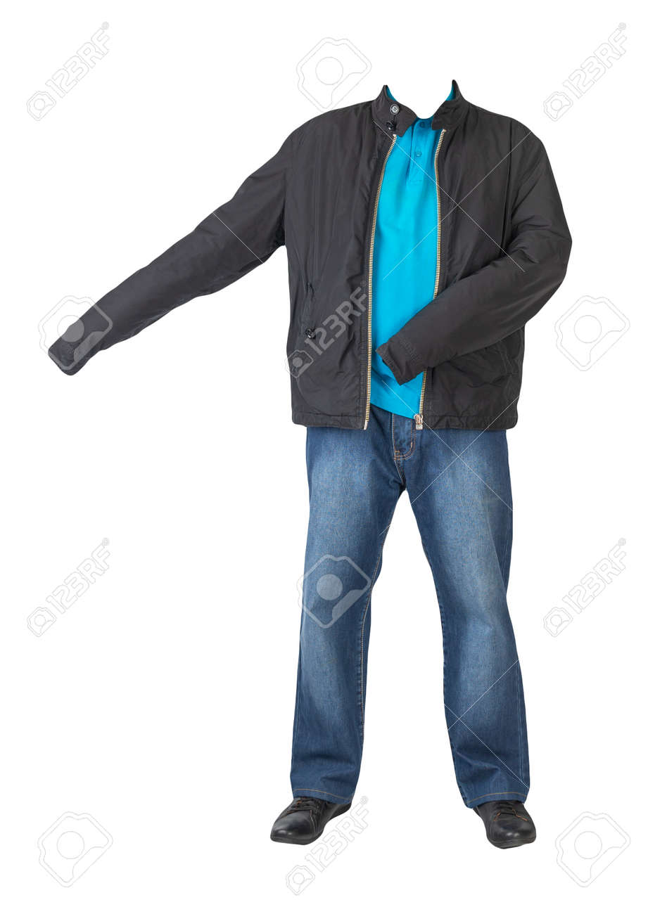 dark blue jeans, blue t-shirt with a collar on buttons, black jacket and black leather shoes isolated on white background - 172073767 dark blue jeans, blue t-shirt with a collar on buttons, black jacket and black leather shoes isolated on white background - 172073767