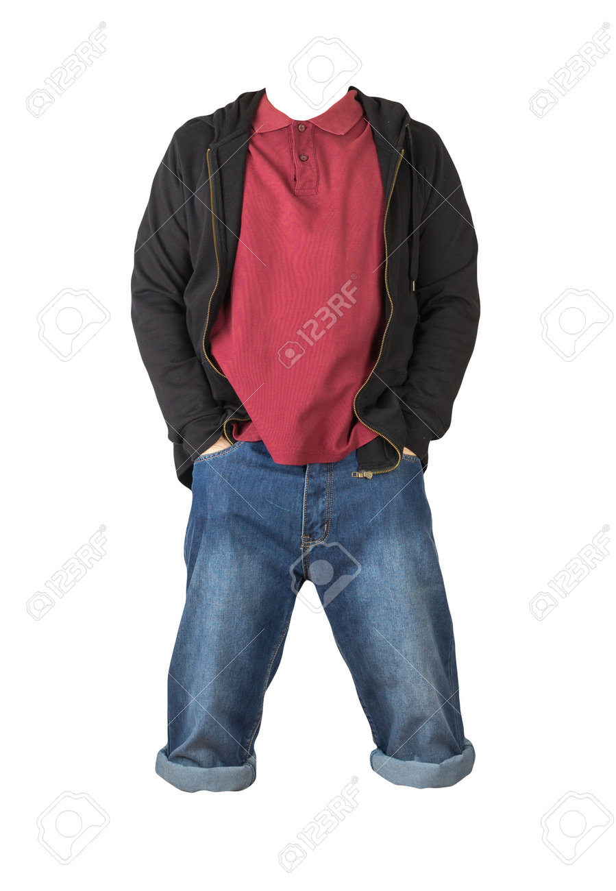 Denim dark blue shorts, dark red t-shirt with collar on buttons and black sweatshirt with zipper and hood isolated on white background - 172073755 Denim dark blue shorts, dark red t-shirt with collar on buttons and black sweatshirt with zipper and hood isolated on white background - 172073755