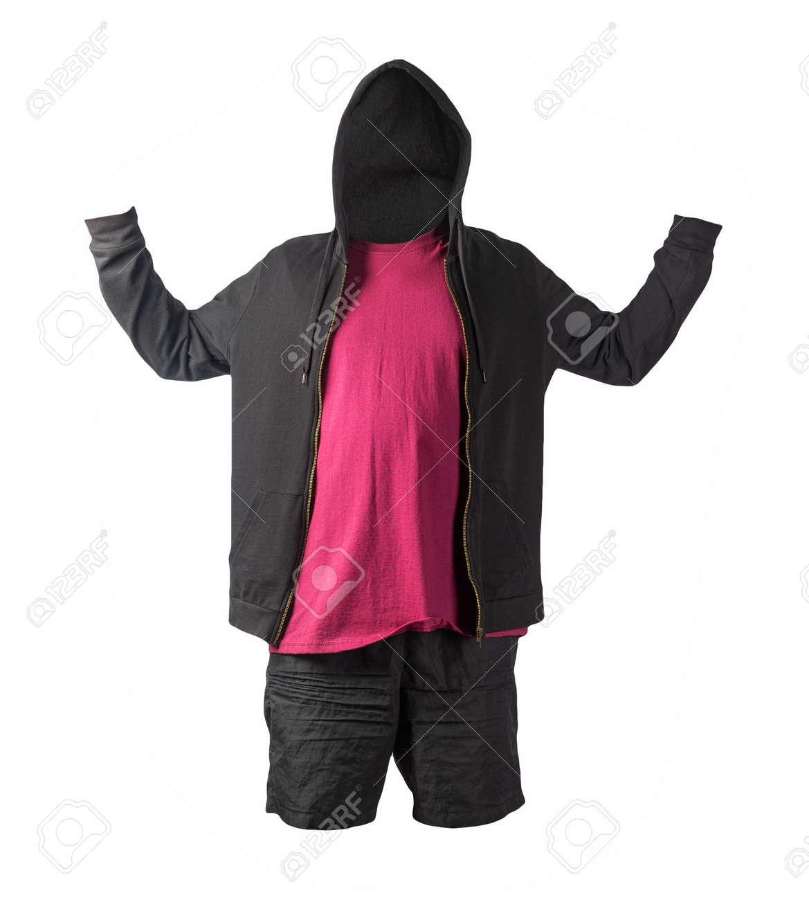 black sweatshirt with iron zipper hoodie, burgundy t-shirt and black sports shorts isolated on white background. casual sportswear - 172140041 black sweatshirt with iron zipper hoodie, burgundy t-shirt and black sports shorts isolated on white background. casual sportswear - 172140041