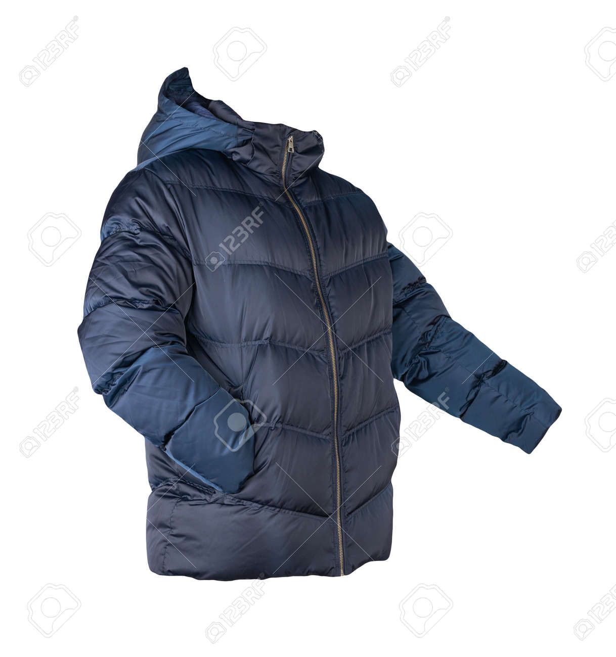 mens dark blue down jacket with hood isolated on white background. fashionable clothes for every day - 172140066 mens dark blue down jacket with hood isolated on white background. fashionable clothes for every day - 172140066