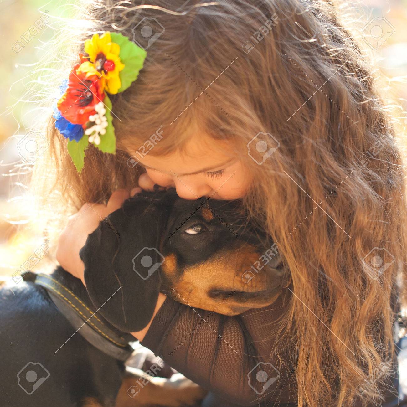 小さな子供とダックスフンド子犬を抱いてキスします 動物概念が大好き の写真素材 画像素材 Image