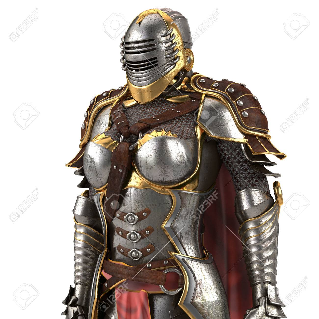 Medieval Armor Of Fantasy Full Of Women With A Closed Helmet And Red Cape.  Isolated White Background. 3d Illustration Stock Photo, Picture and Royalty  Free Image. Image 71915814.