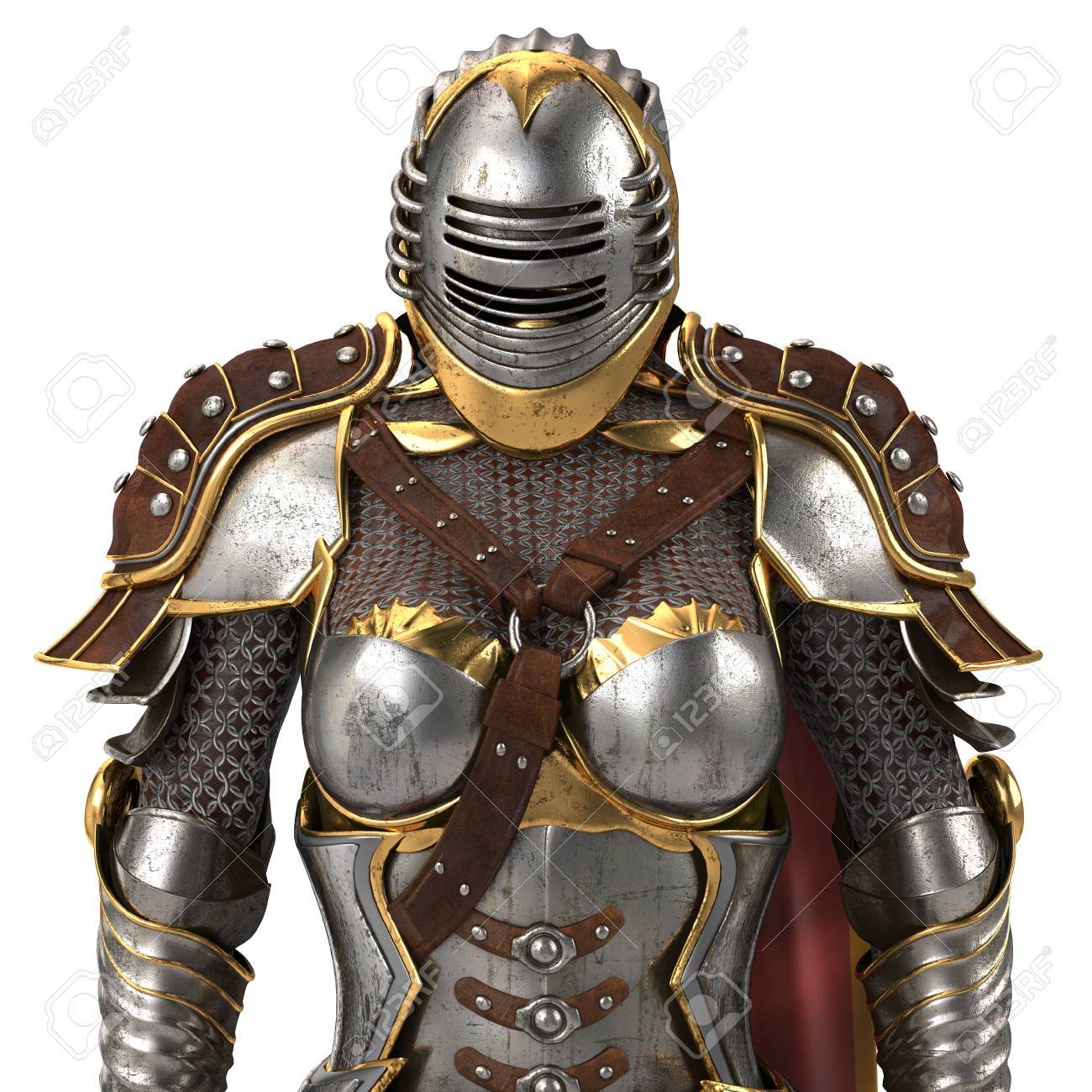 クローズド ヘルメットと赤いマントの女性の完全幻想の中世の鎧